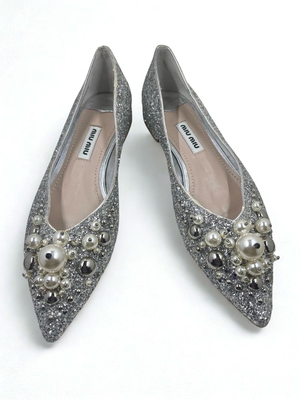 Miu Miu Silver Glitter Pearl-Embellished Pointed Flats